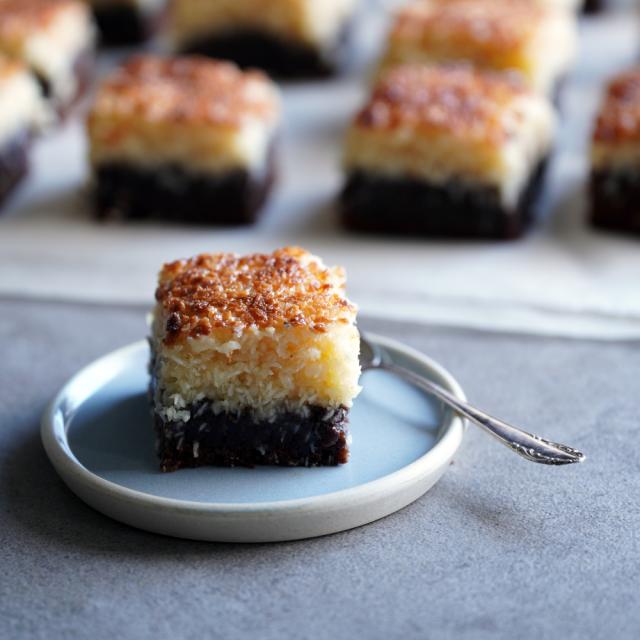 Mud cake topped with coconut toffee glaze